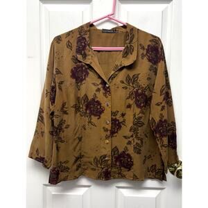 Cut Loose Blouse Brown Floral Size XL  Bemberg Shell Buttons USA Made Boho Top